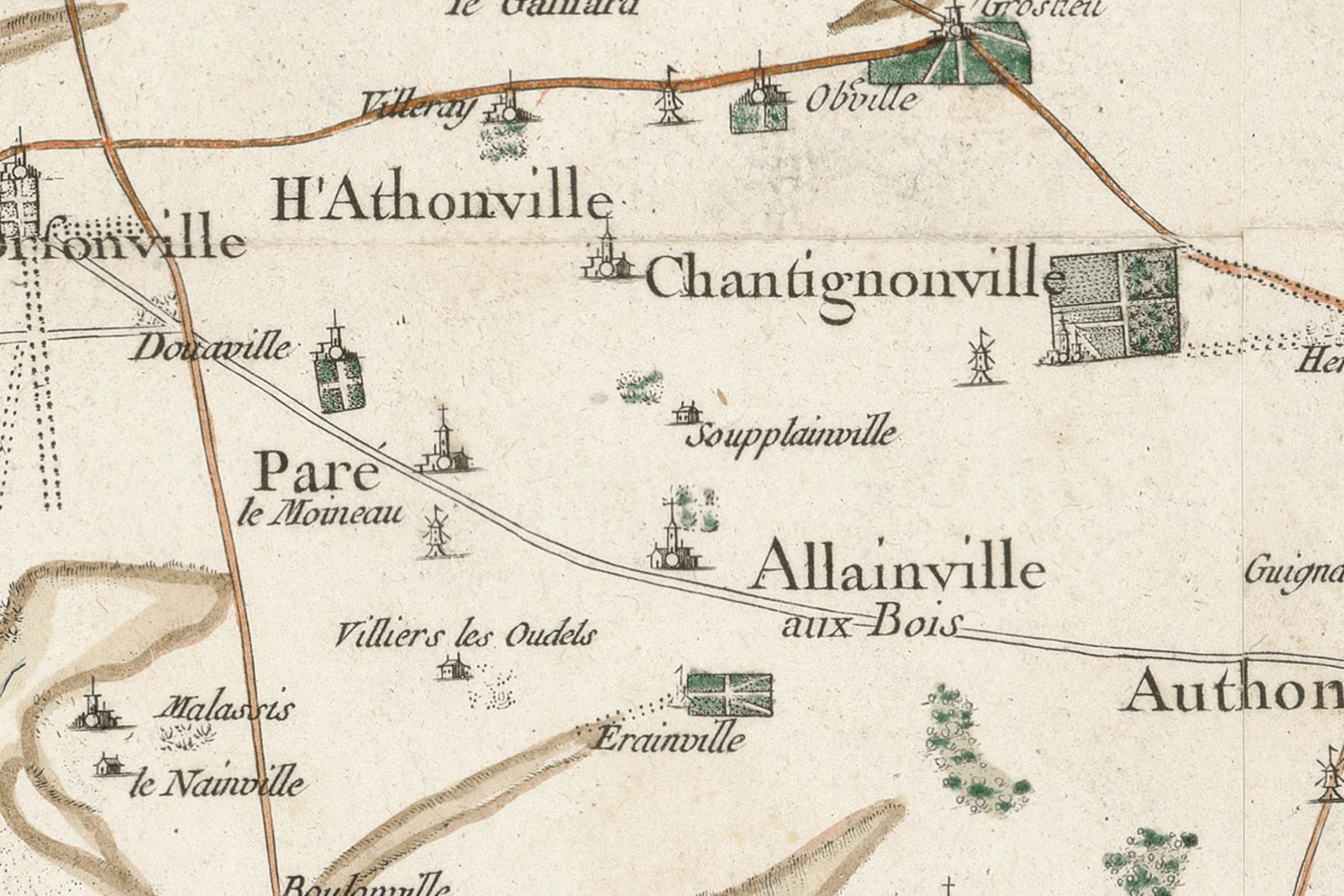 Allainville et ses hameaux sur la carte de Cassini (XVIIIe siècle)